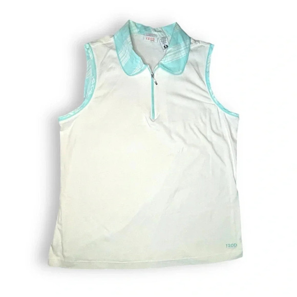 Izod Tops - Izod Women’s Sleeveless Polo Shirt XFG Stretch White & Aqua Plaid Collar -  XL